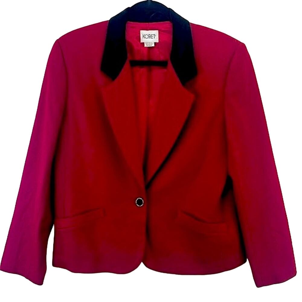 Koret Wool Red Black Velvet Collar Vintage 1 Button Two Pockets Lined Jacket 14